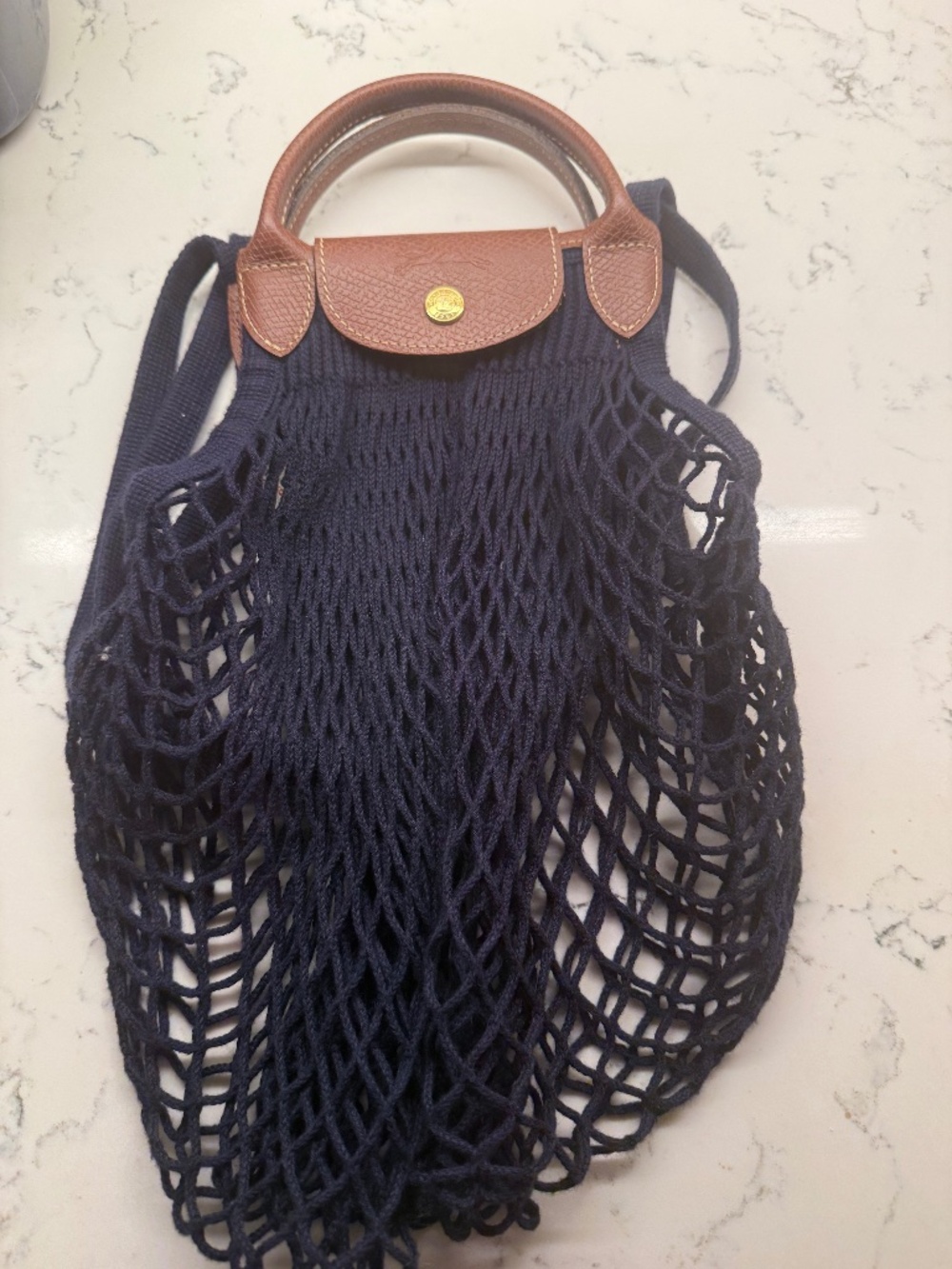 Le Pliage Filet Large Knit Bag in Navy